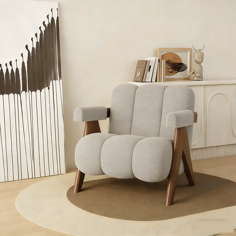 Cream boucle barrel accent chair with solid wood legs