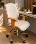Mid-century modern office chair, cream leather with bentwood frame
