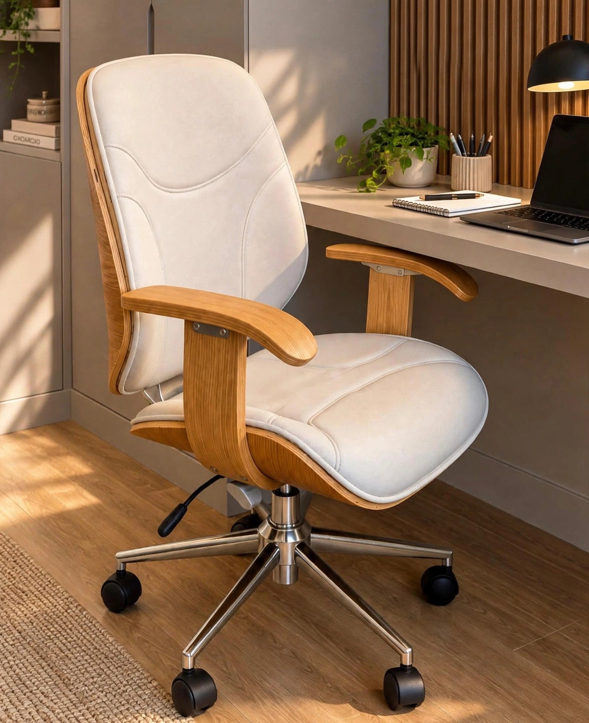 Mid-century modern office chair, cream leather with bentwood frame